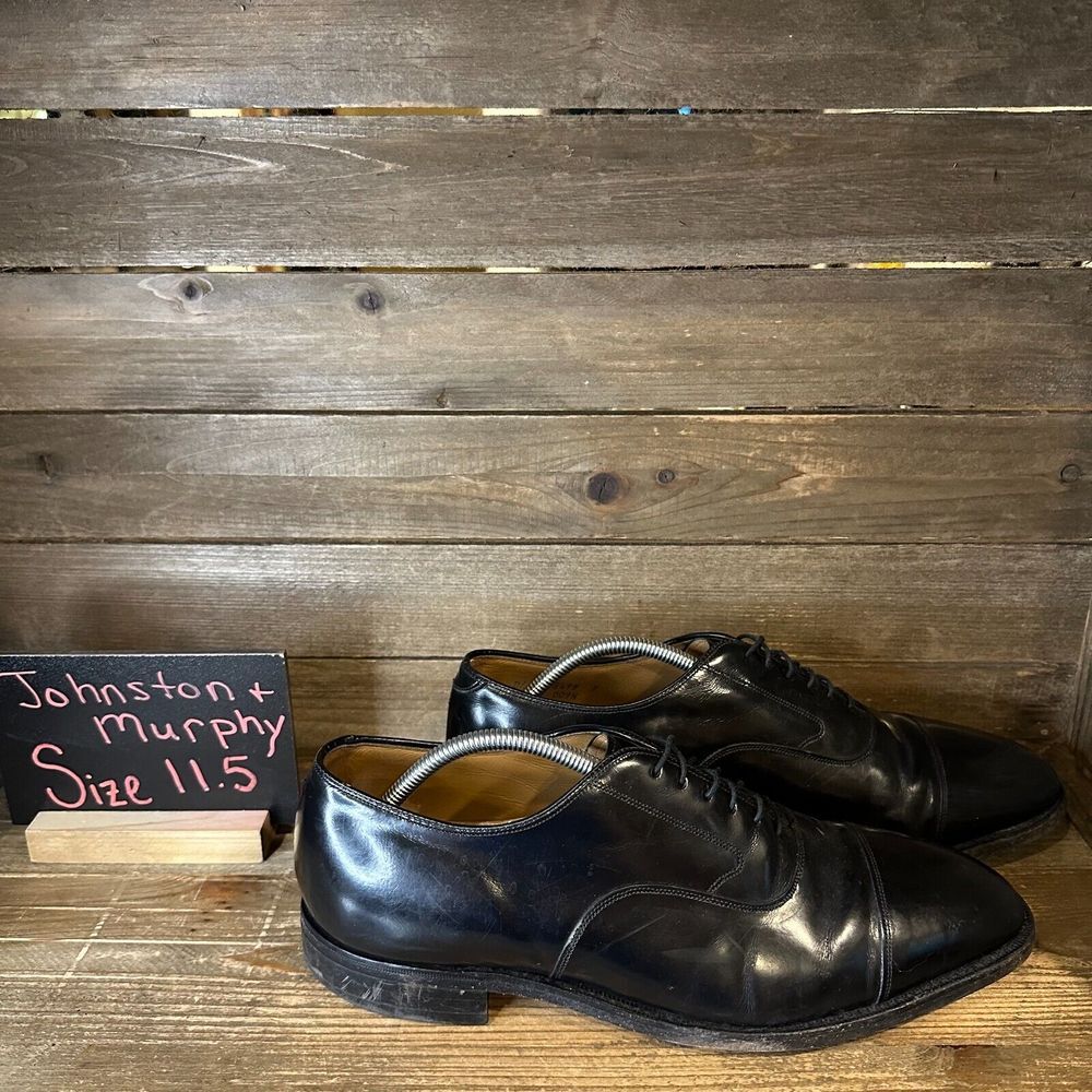 Mens Johnston & Murphy Optima Black Leather Cap Toe Dress‎ Oxfords Size 11.5 M